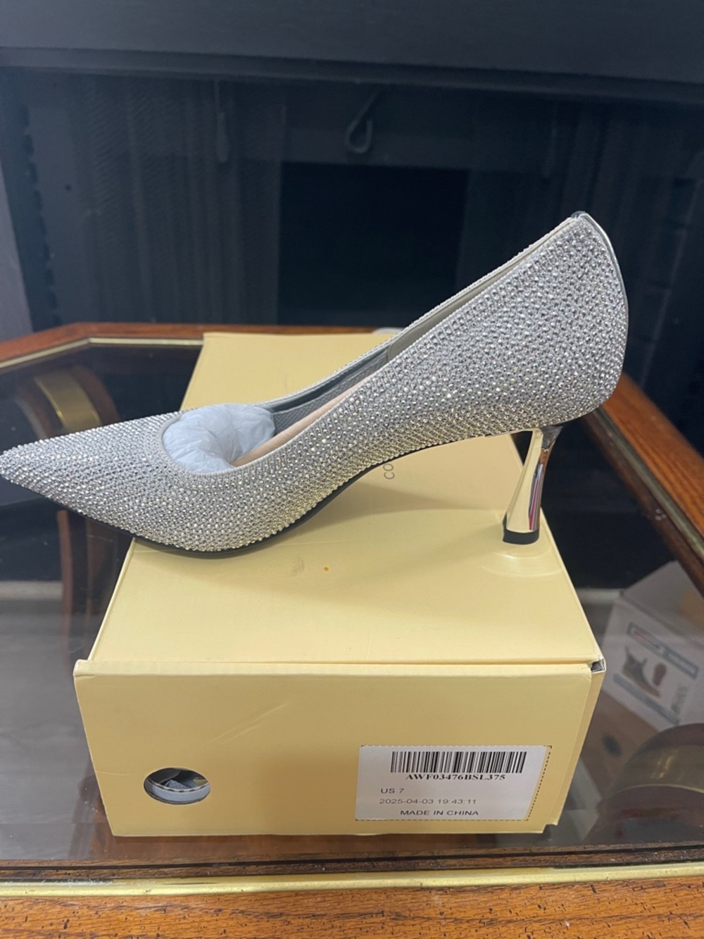 Silver Crystal Pointed Toe Pump with Metallic Heel